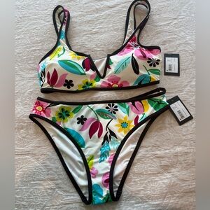 kate spade Multicolor Floral V-Notch Bikini with Black Trim Size L  $75